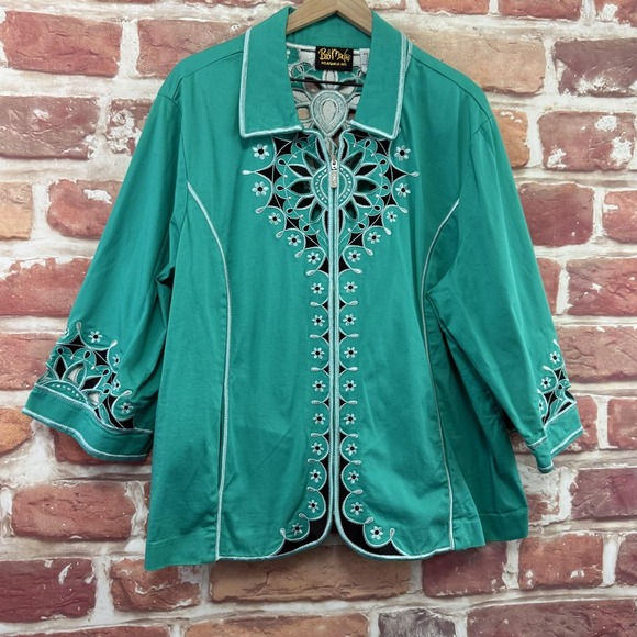 Bob Mackie Jackets & Blazers - Bob Mackie Wearable Art Jacket Women's 3X Turquoise Boho Embroidered Cutout